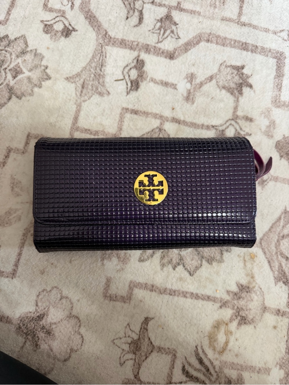 Tory Burch Deep Purple Textured Logo Continental Wallet